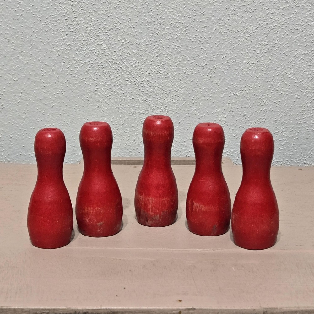 Vintage Wooden Miniature Bowling Pins Red Lot‎ of 5 Hand Turned 2.75"Tall
